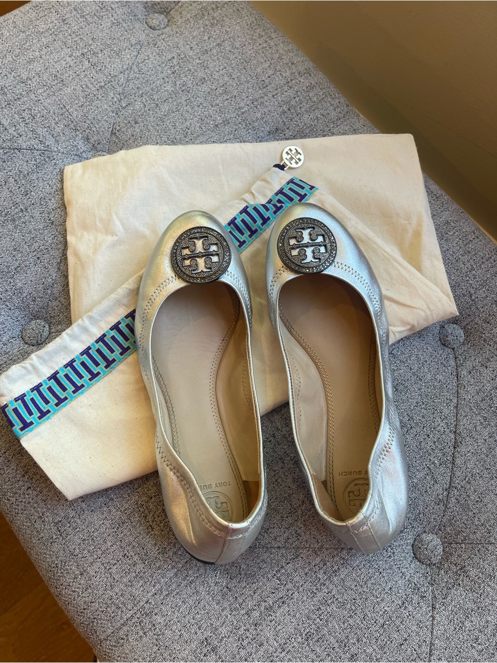 Tory Burch Silver Logo Ballet Flats